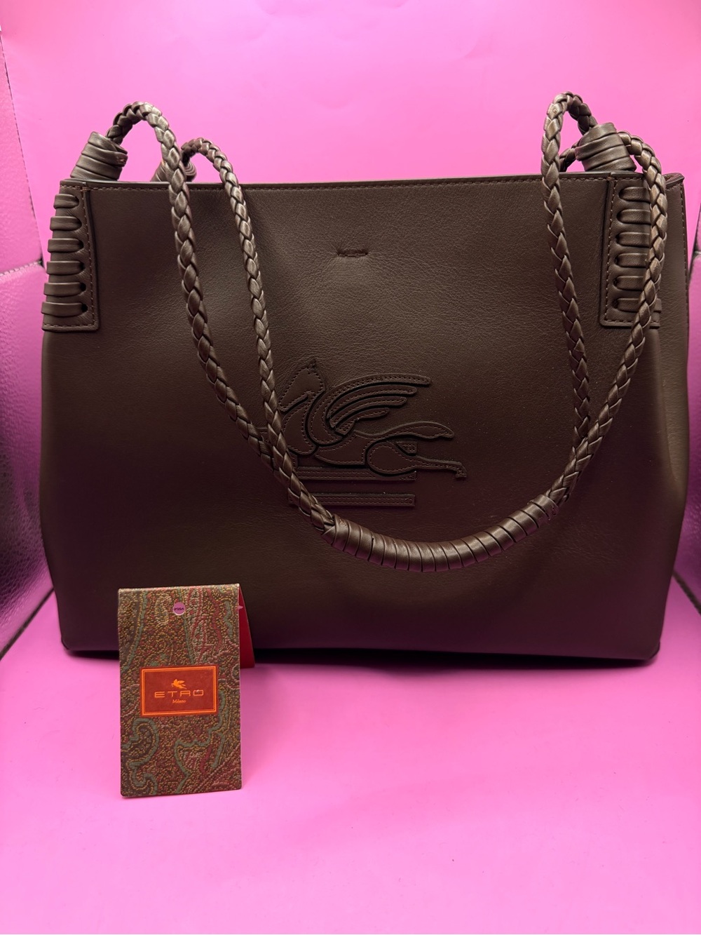 Etro Dark Brown Leather Tote with Braided Handles Authentic